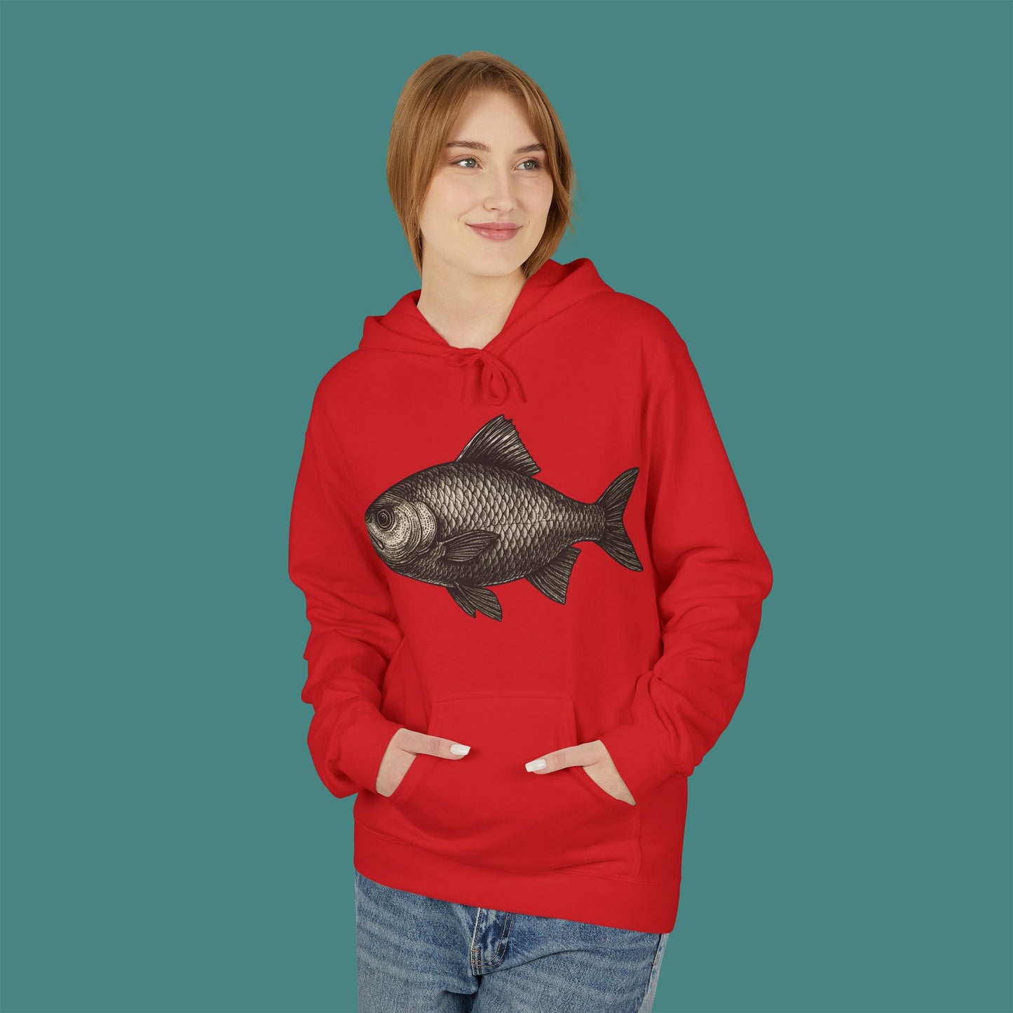 Vintage Etching Fish Fleece Unisex Hoodie