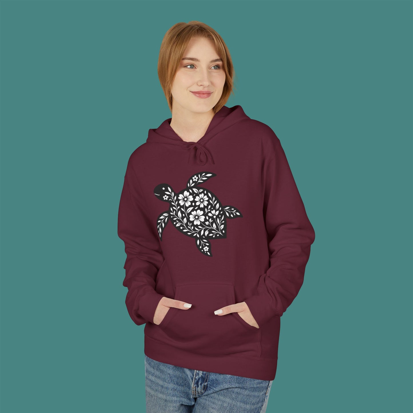 Floral Turtle Silhouette Fleece Unisex Hoodie