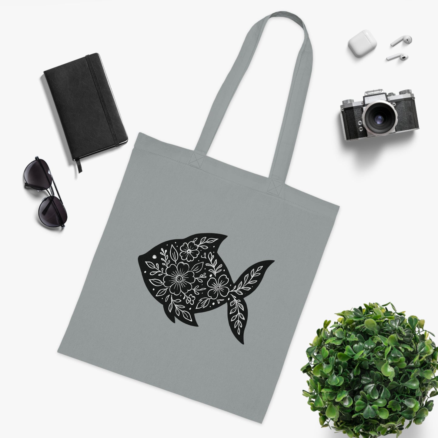 Floral Fish Silhouette Tote Bag