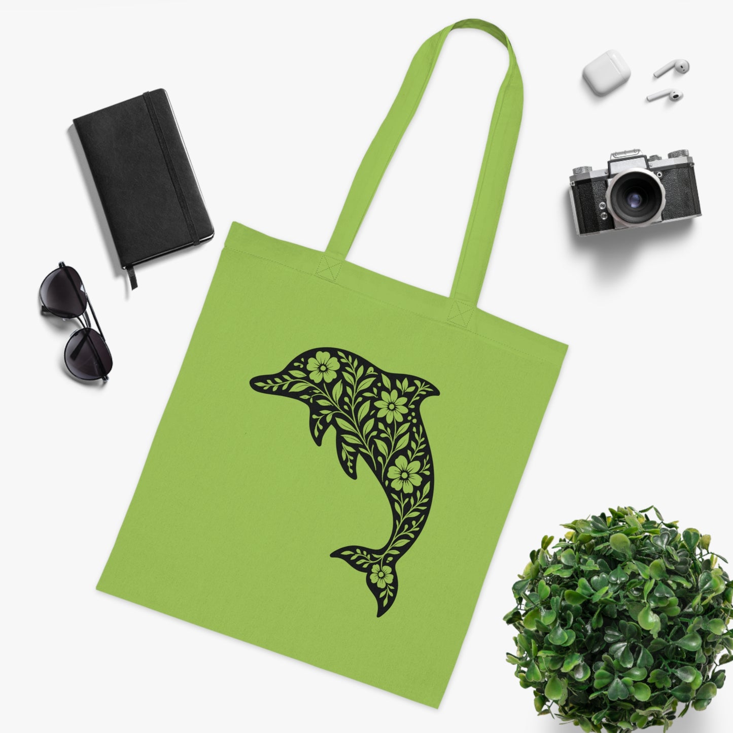 Floral Dolphin Silhouette Tote Bag