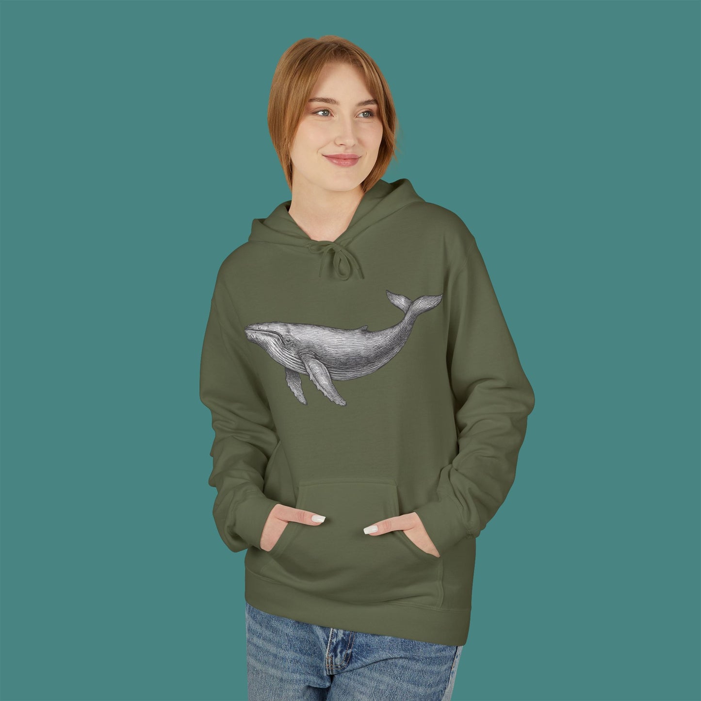 Vintage Etching Whale Fleece Unisex Hoodie
