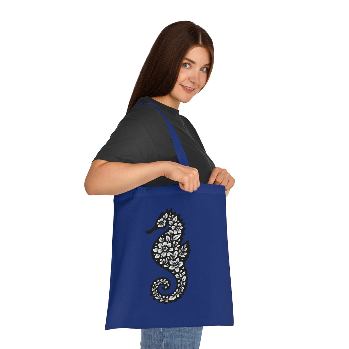 Floral Seahorse Silhouette Tote Bag