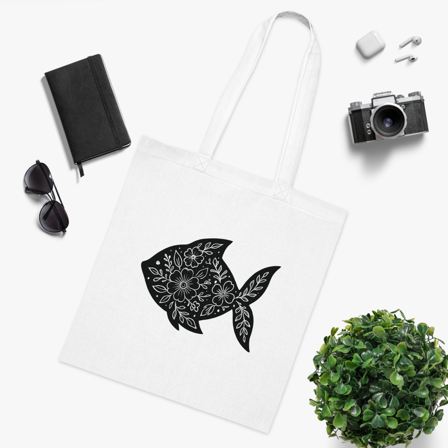Floral Fish Silhouette Tote Bag