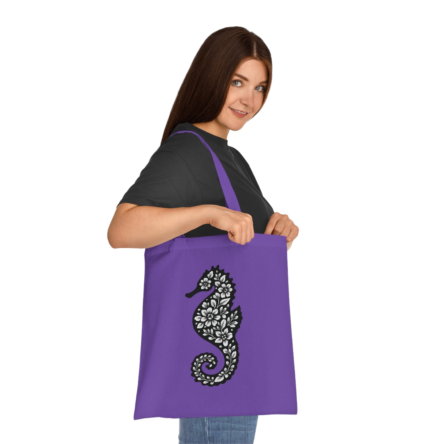 Floral Seahorse Silhouette Tote Bag
