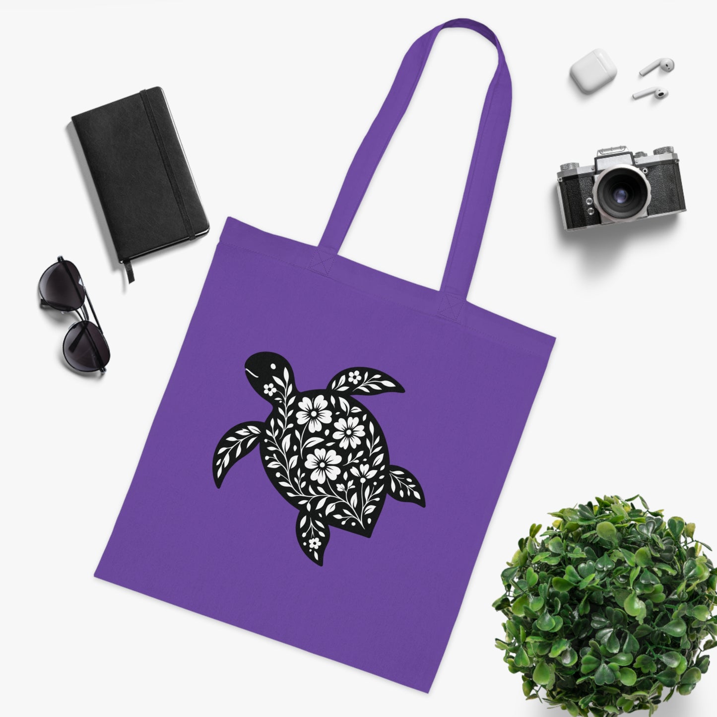 Floral Turtle Silhouette Tote Bag