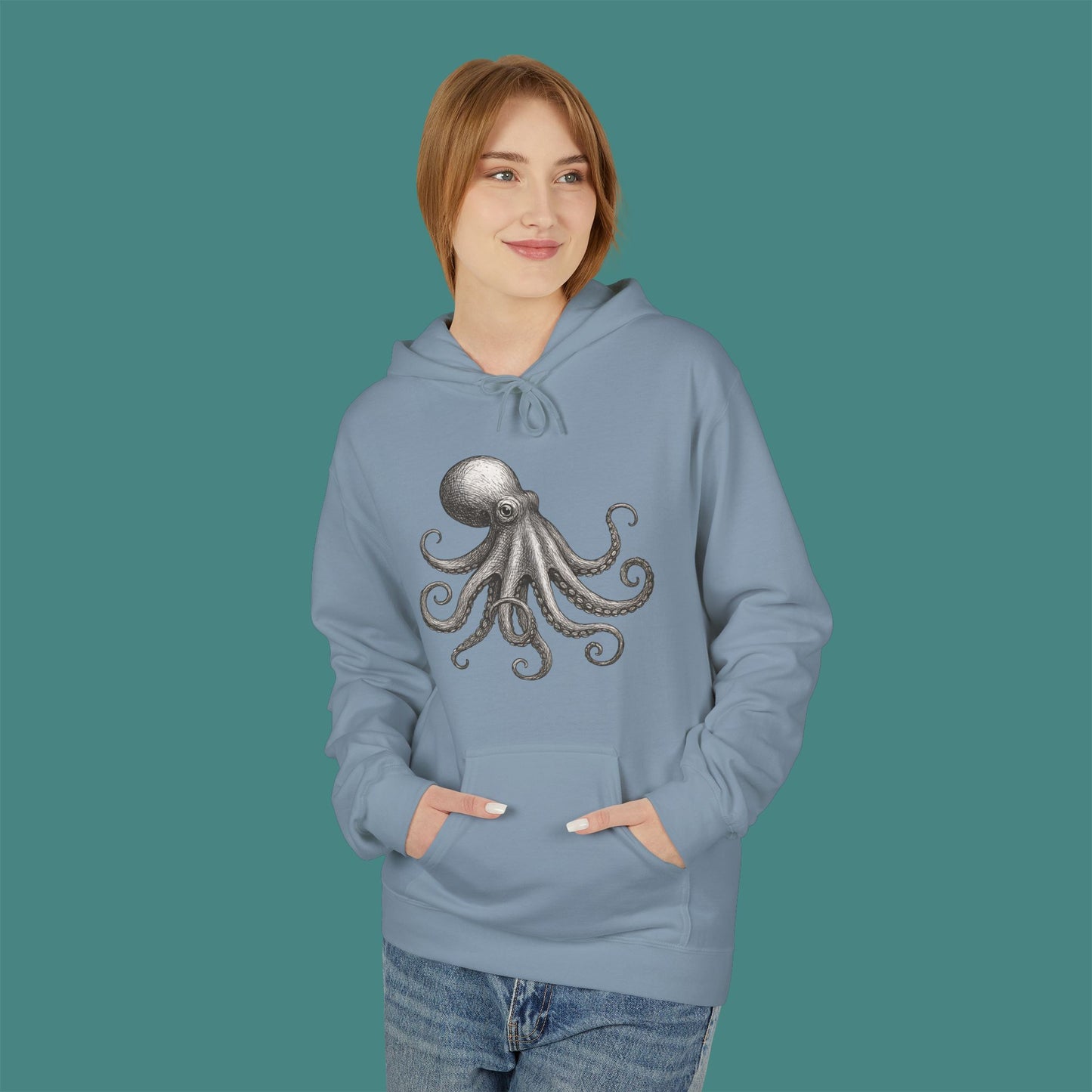 Vintage Etching Octopus Fleece Unisex Hoodie