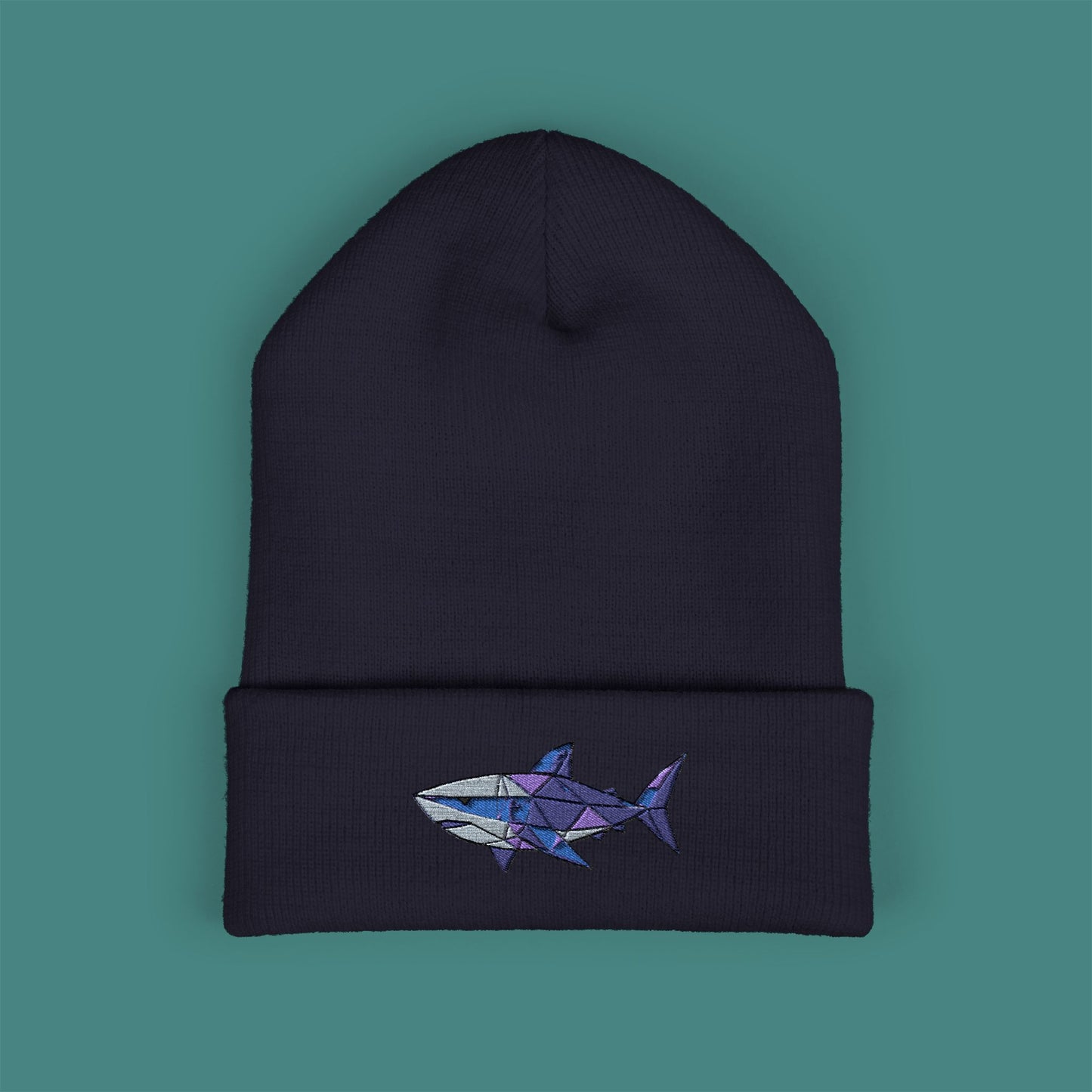 Geometric Polygon Shark Embroidered Beanie