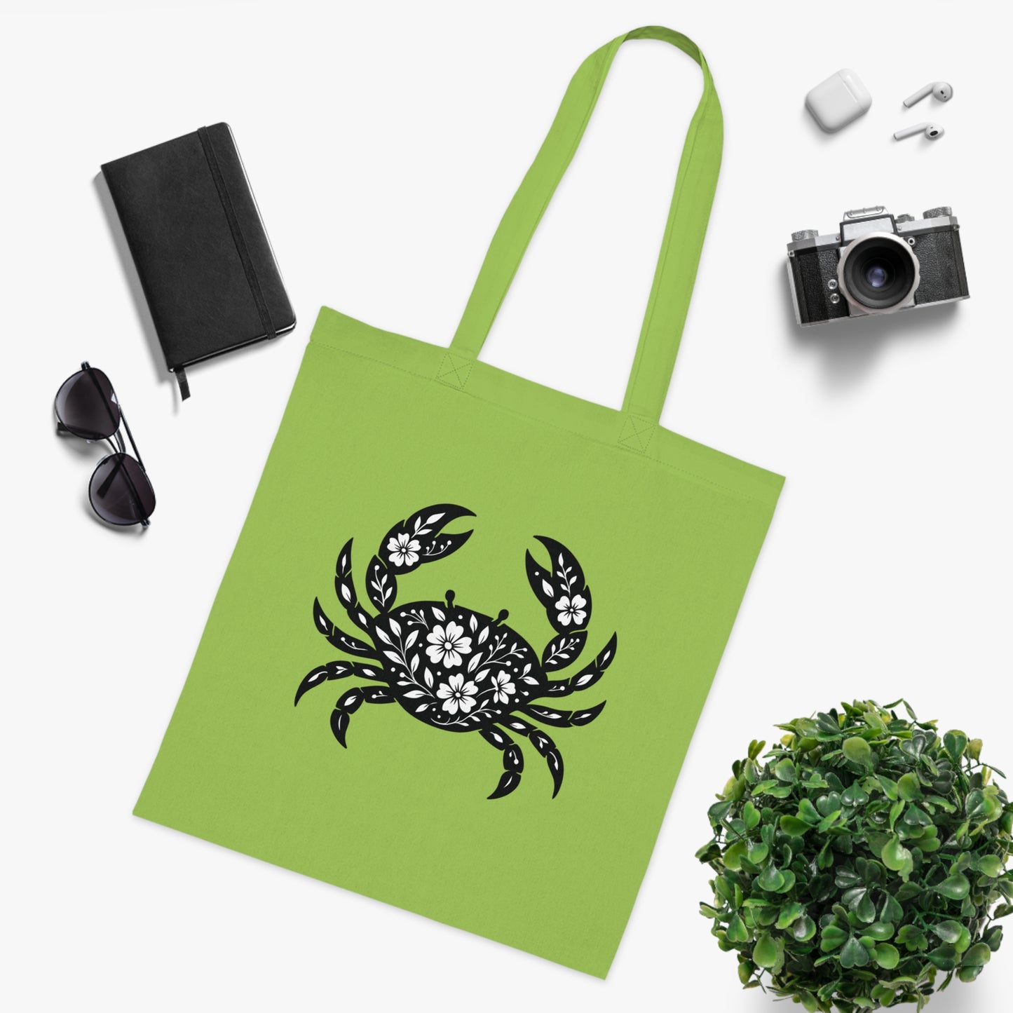 Floral Crab Silhouette Tote Bag