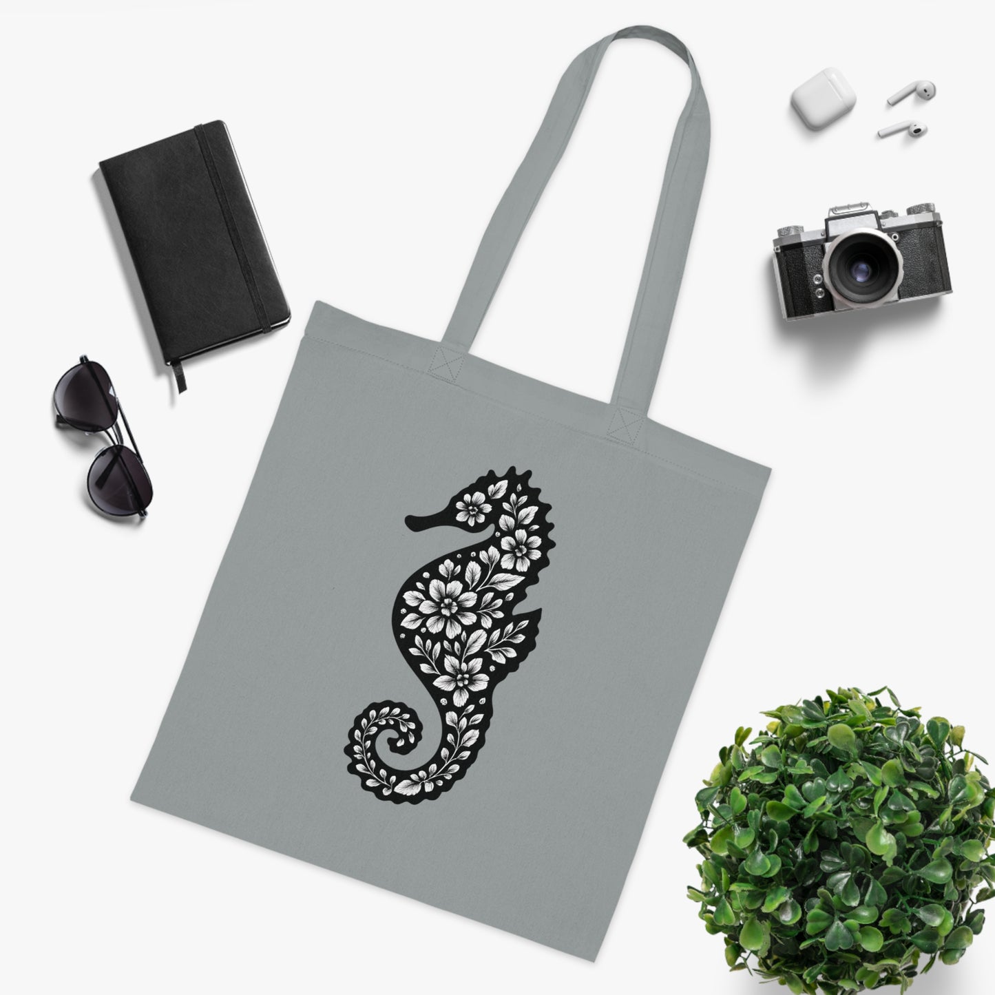 Floral Seahorse Silhouette Tote Bag