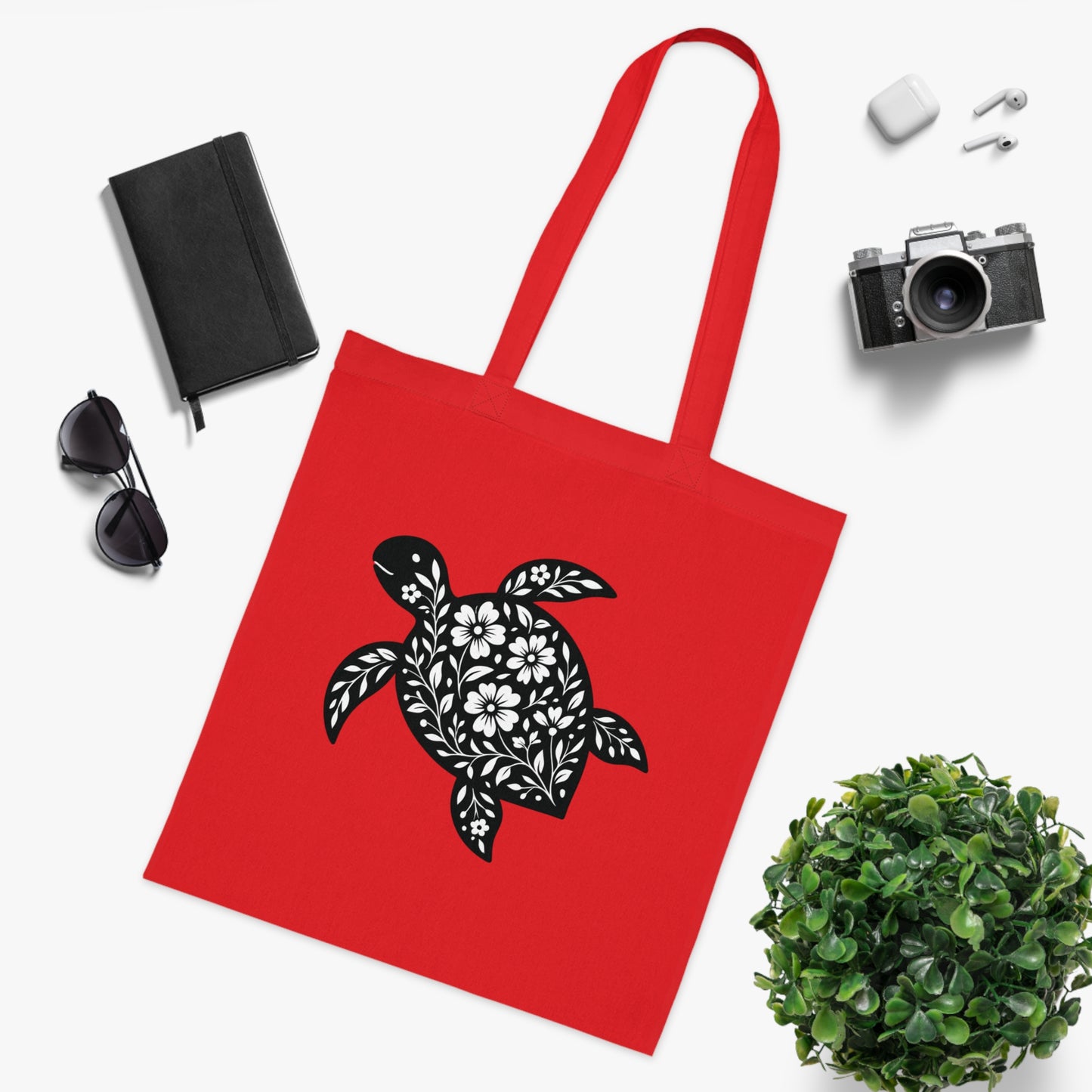 Floral Turtle Silhouette Tote Bag