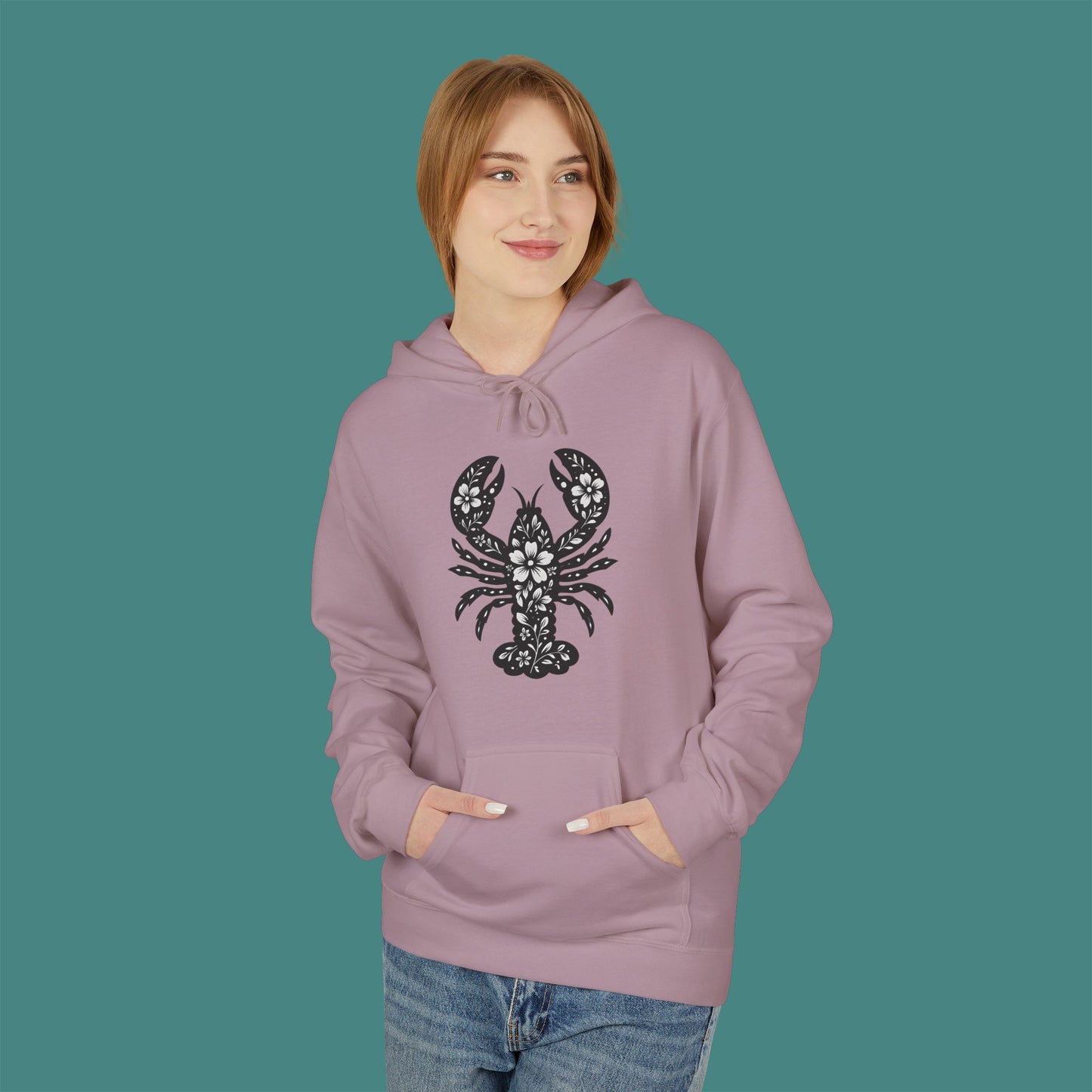 Floral Lobster Silhouette Fleece Unisex Hoodie