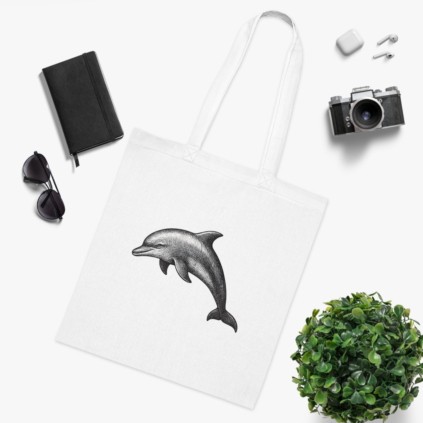Vintage Etching Dolphin Tote Bag