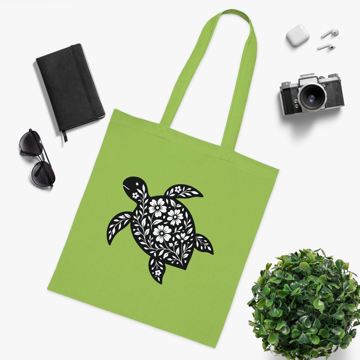 Floral Turtle Silhouette Tote Bag
