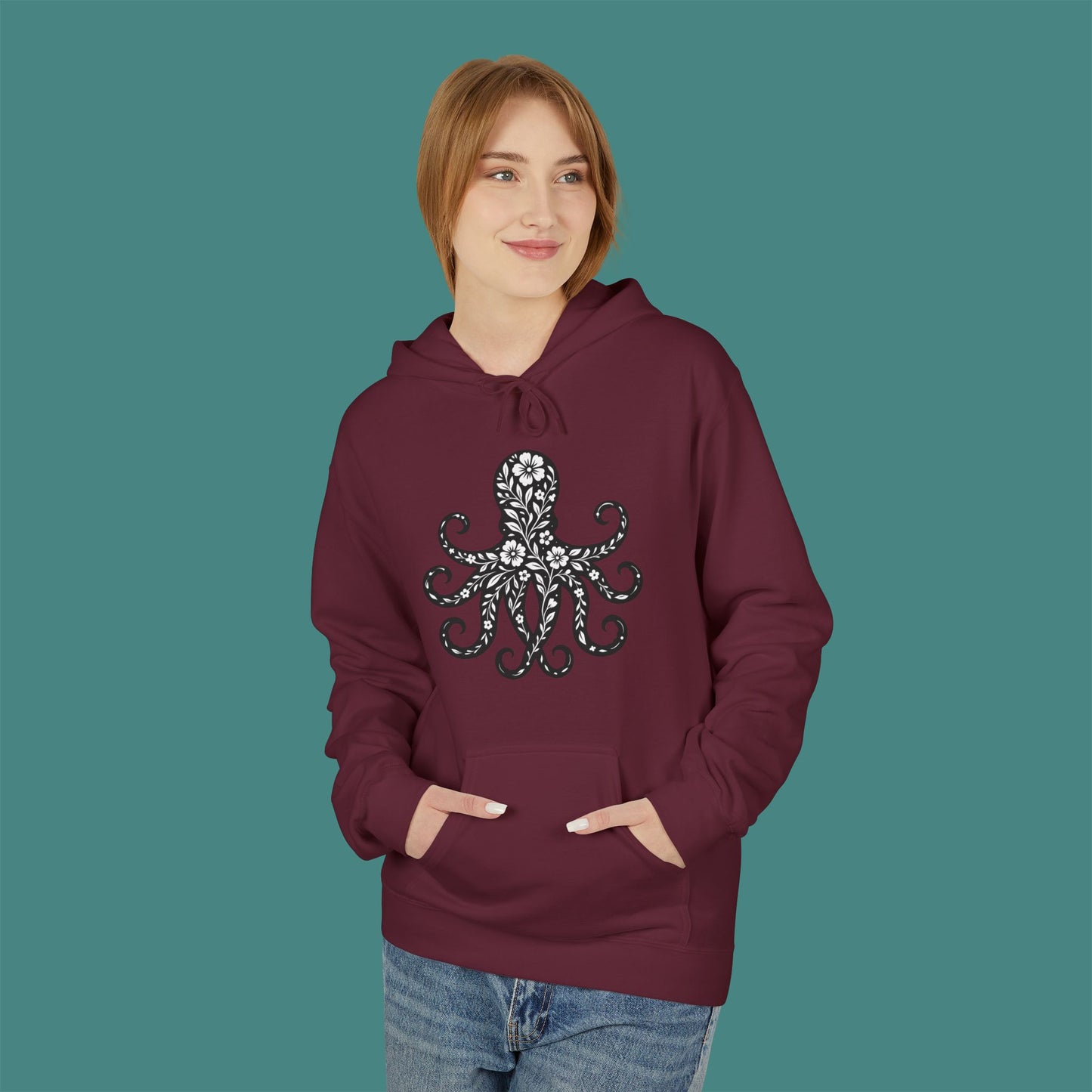 Floral Octopus Silhouette Fleece Unisex Hoodie