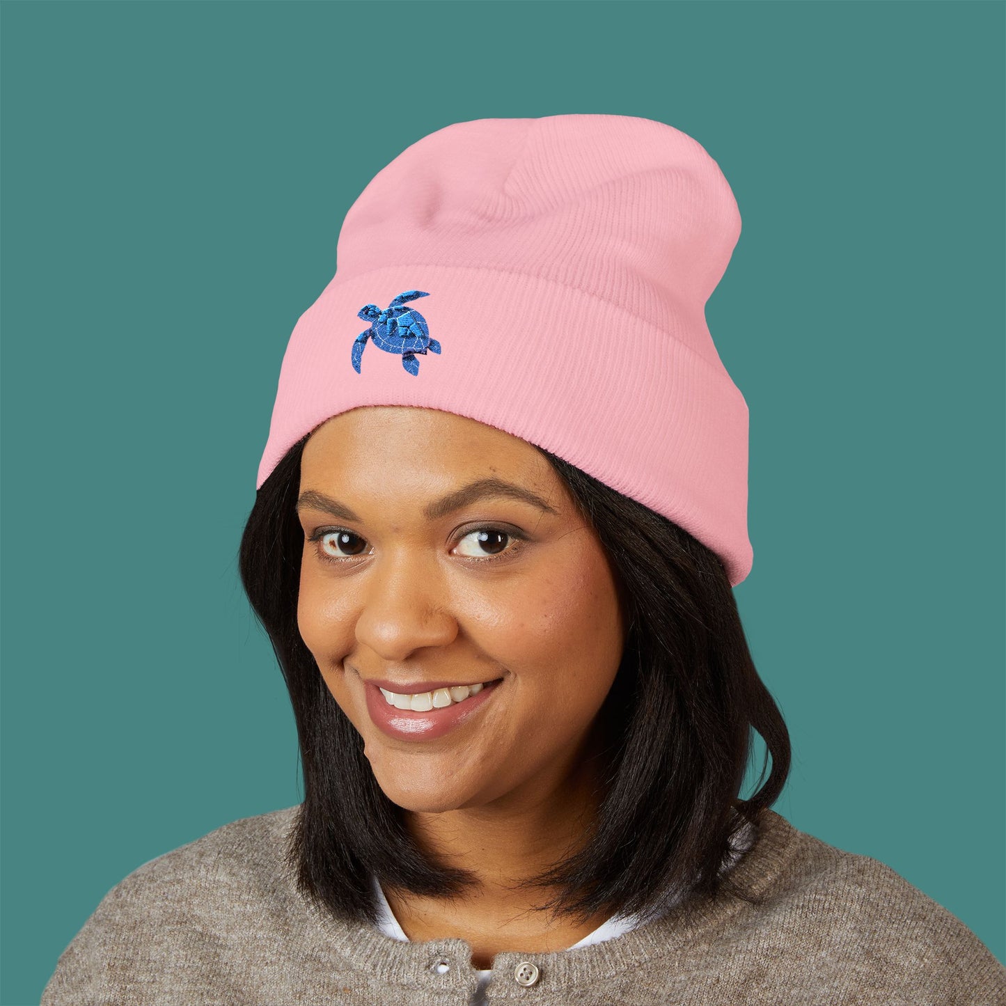 Geometric Polygon Turtle Embroidered Beanie