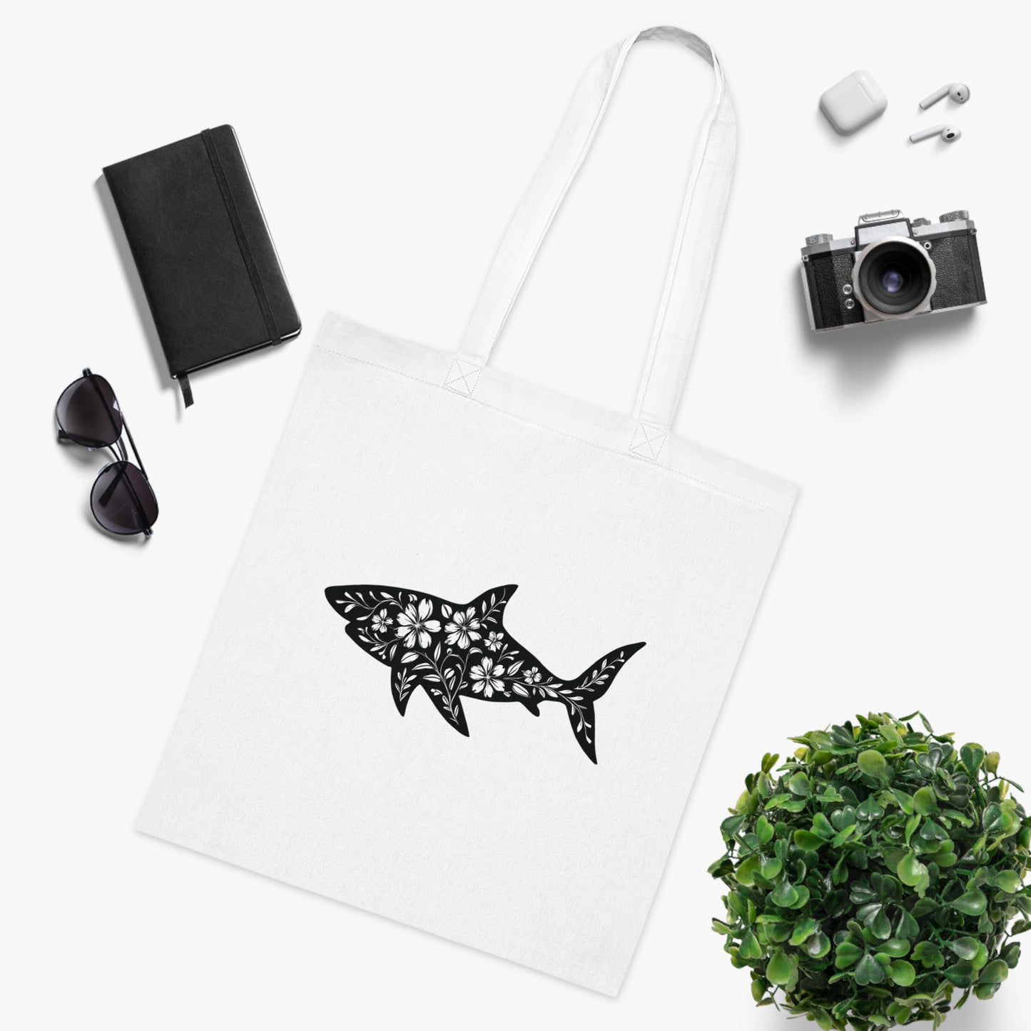 Floral Shark Silhouette Tote Bag
