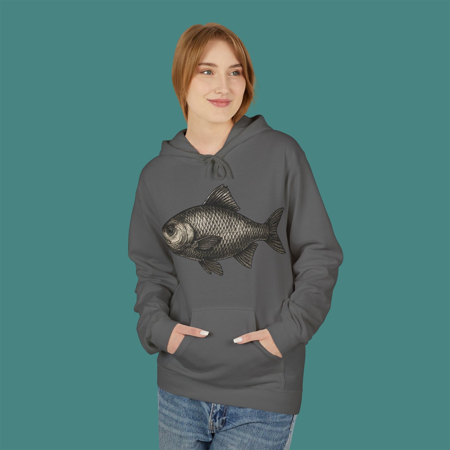 Vintage Etching Fish Fleece Unisex Hoodie