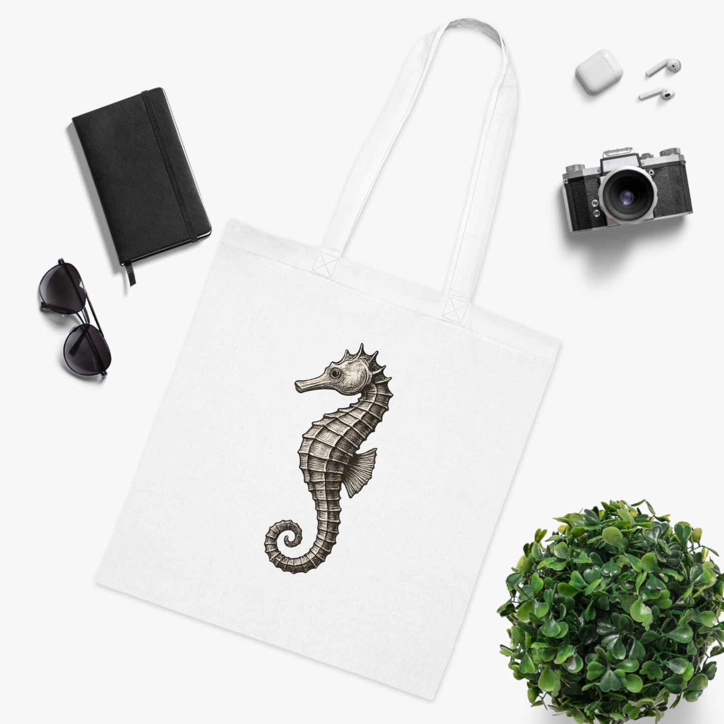 Vintage Etching Seahorse Tote Bag
