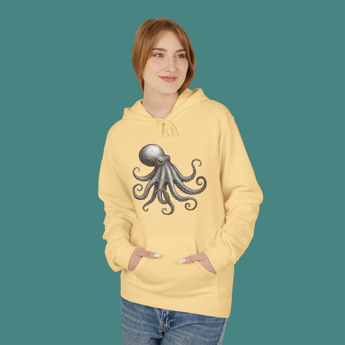 Vintage Etching Octopus Fleece Unisex Hoodie