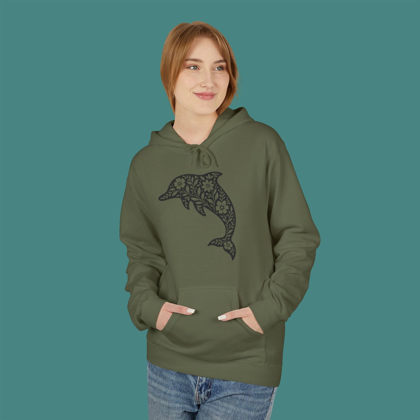 Floral Dolphin Silhouette Fleece Unisex Hoodie