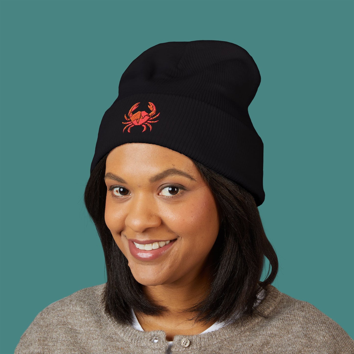 Geometric Polygon Crab Embroidered Beanie