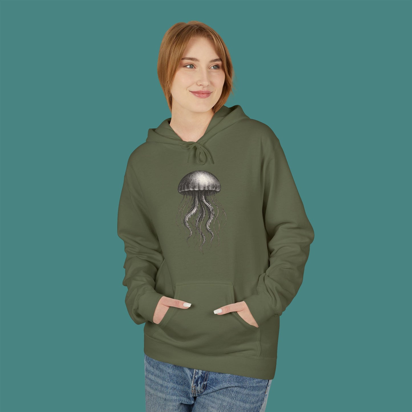 Vintage Etching Jellyfish Fleece Unisex Hoodie