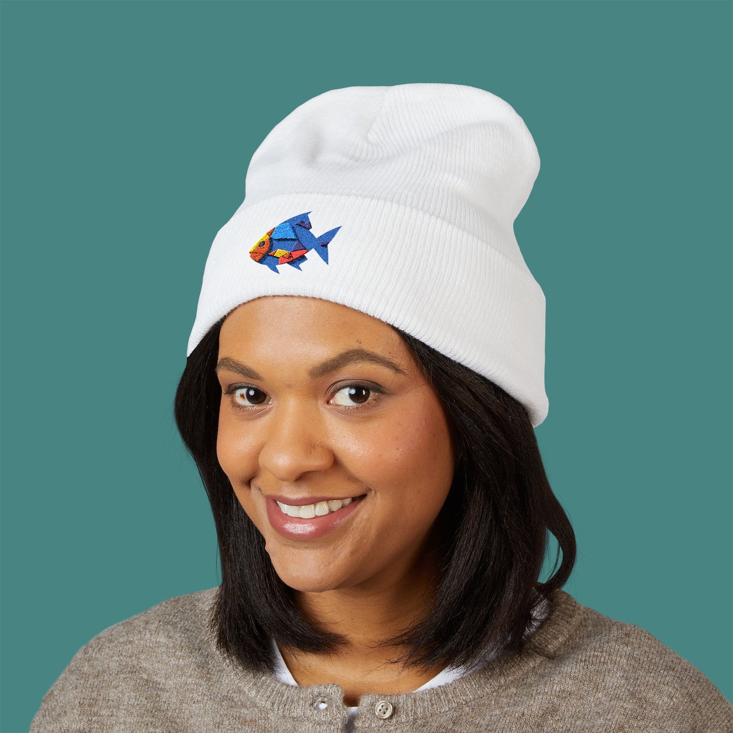Geometric Polygon Fish Embroidered Beanie