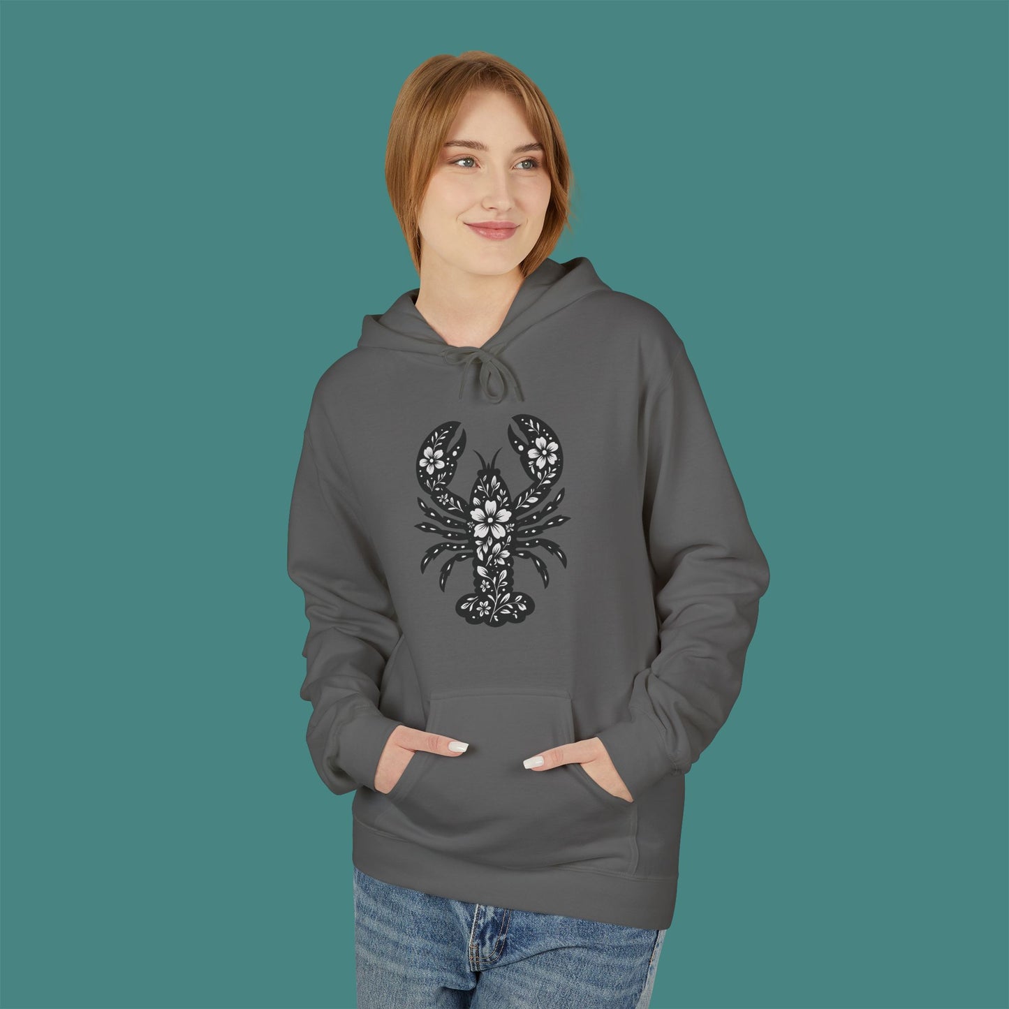Floral Lobster Silhouette Fleece Unisex Hoodie