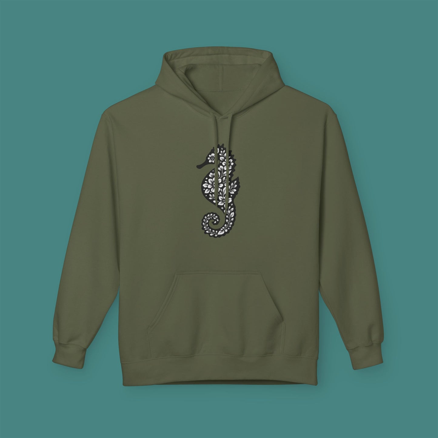 Floral Seahorse Silhouette Fleece Unisex Hoodie