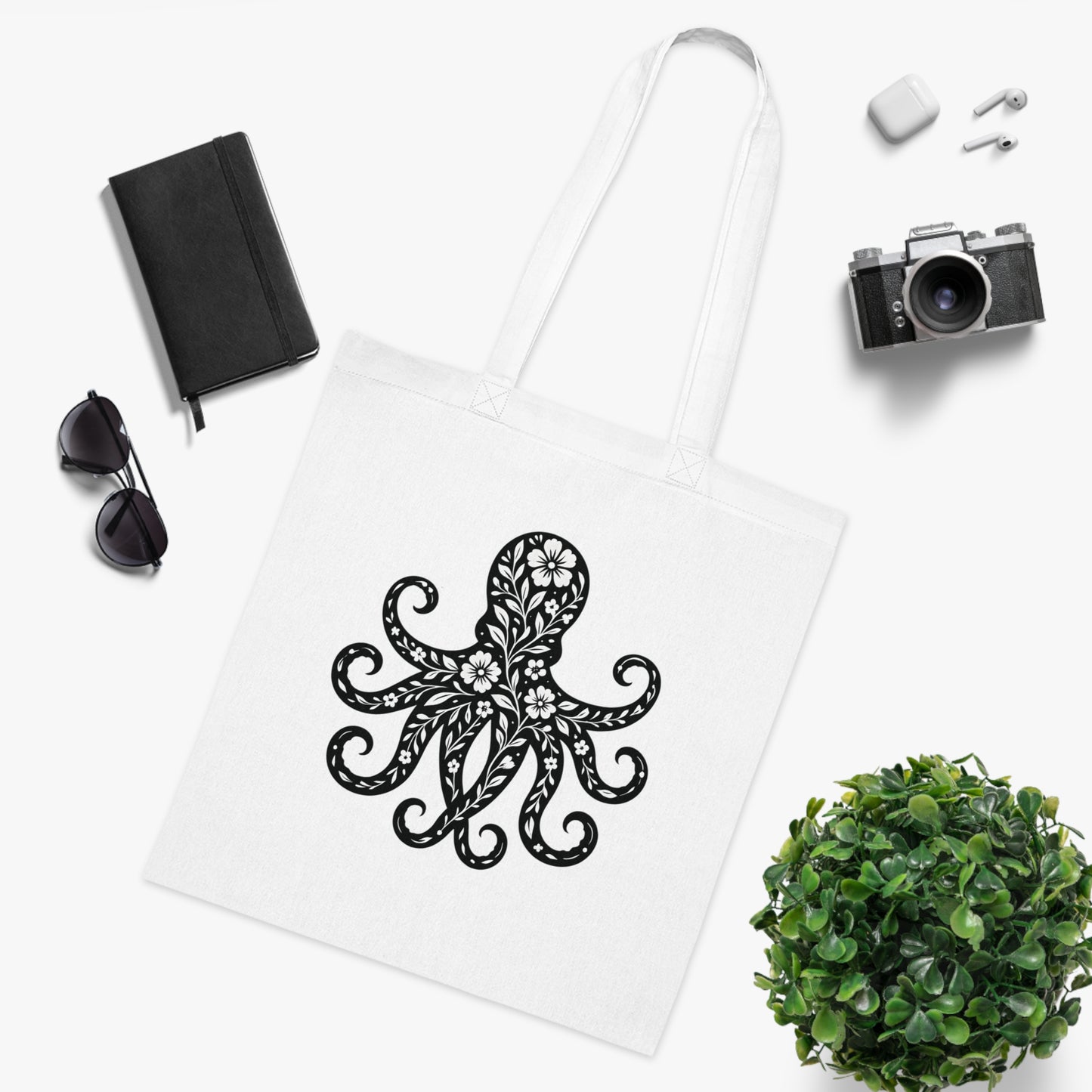 Floral Octopus Silhouette Tote Bag