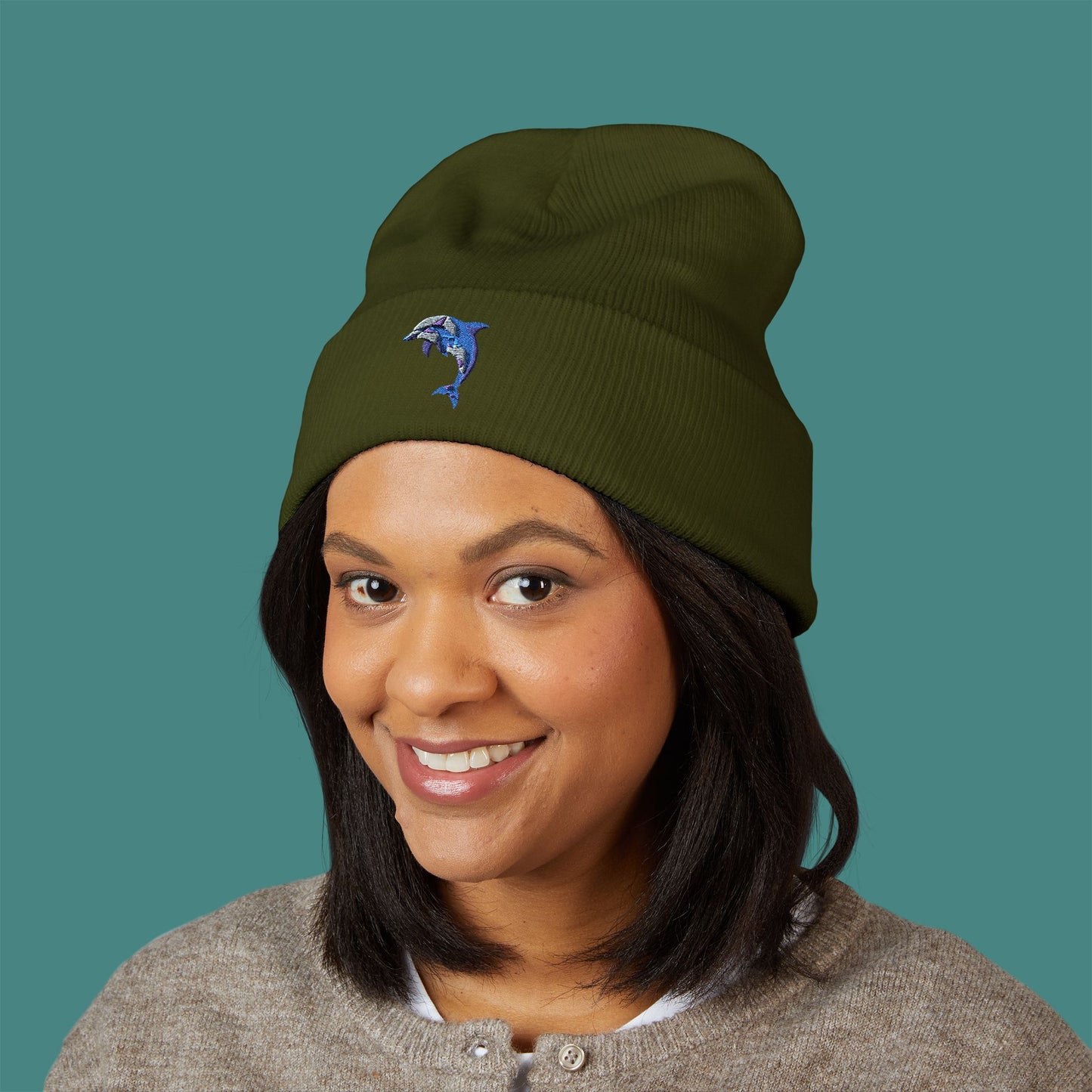 Geometric Polygon Dolphin Embroidered Beanie