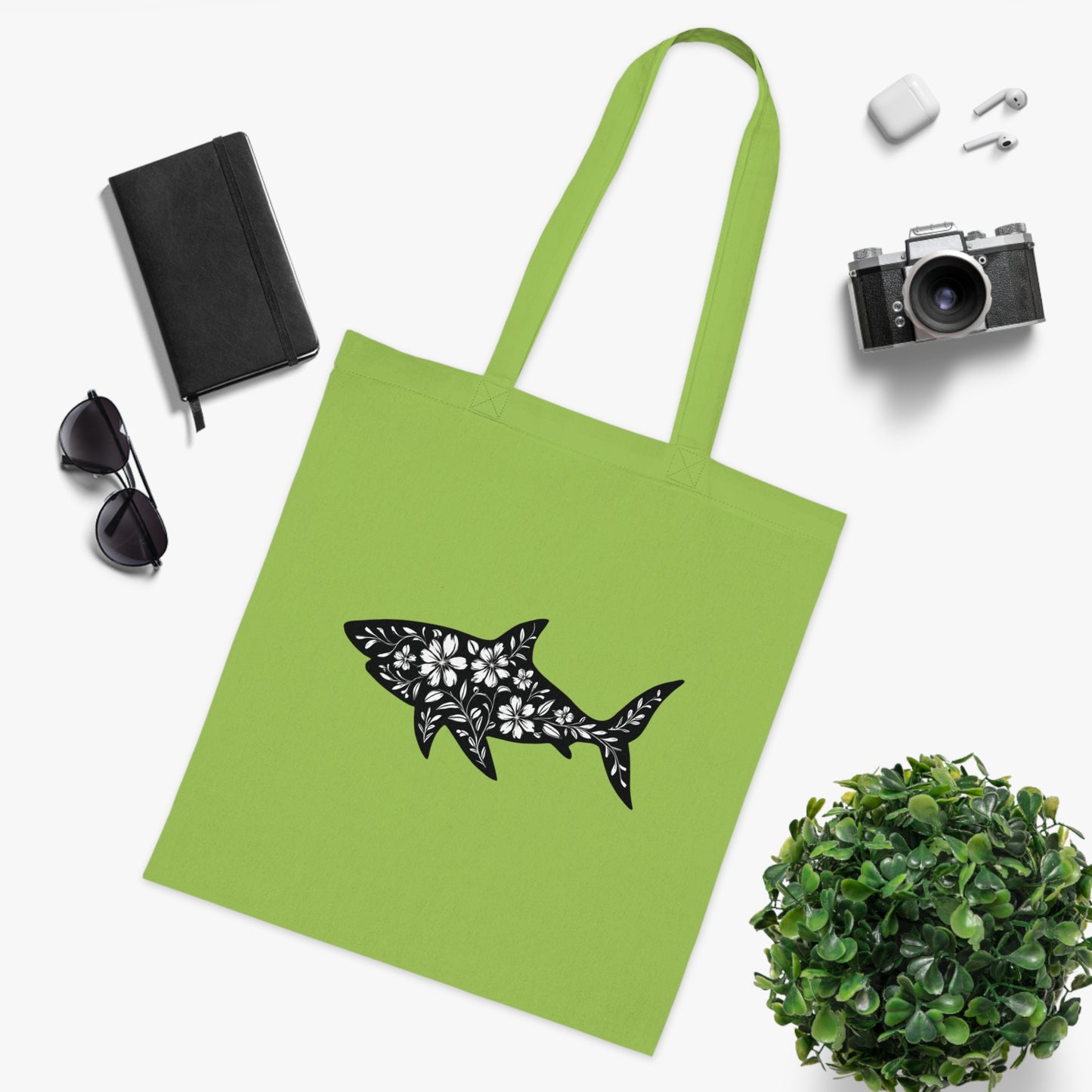 Floral Shark Silhouette Tote Bag