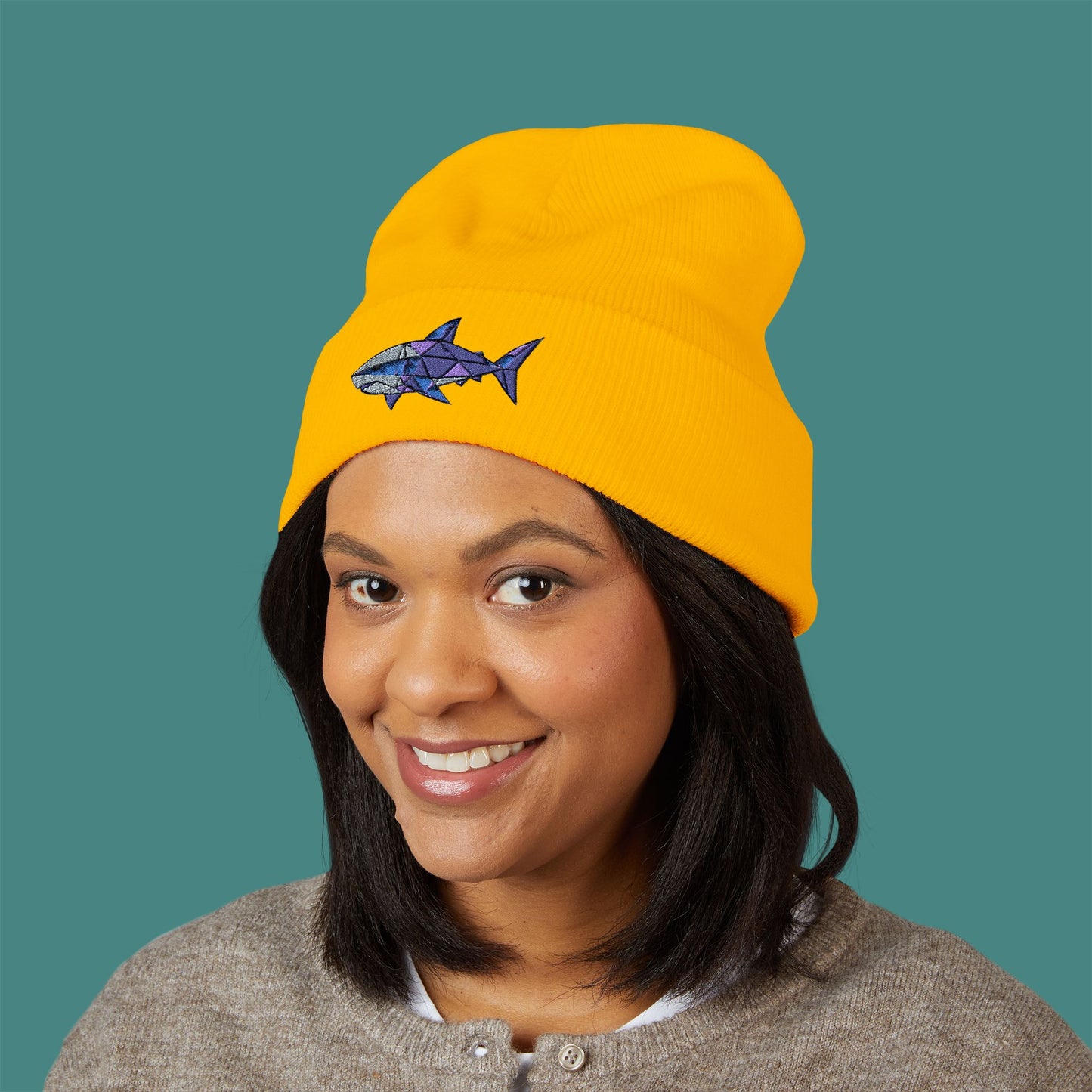 Geometric Polygon Shark Embroidered Beanie