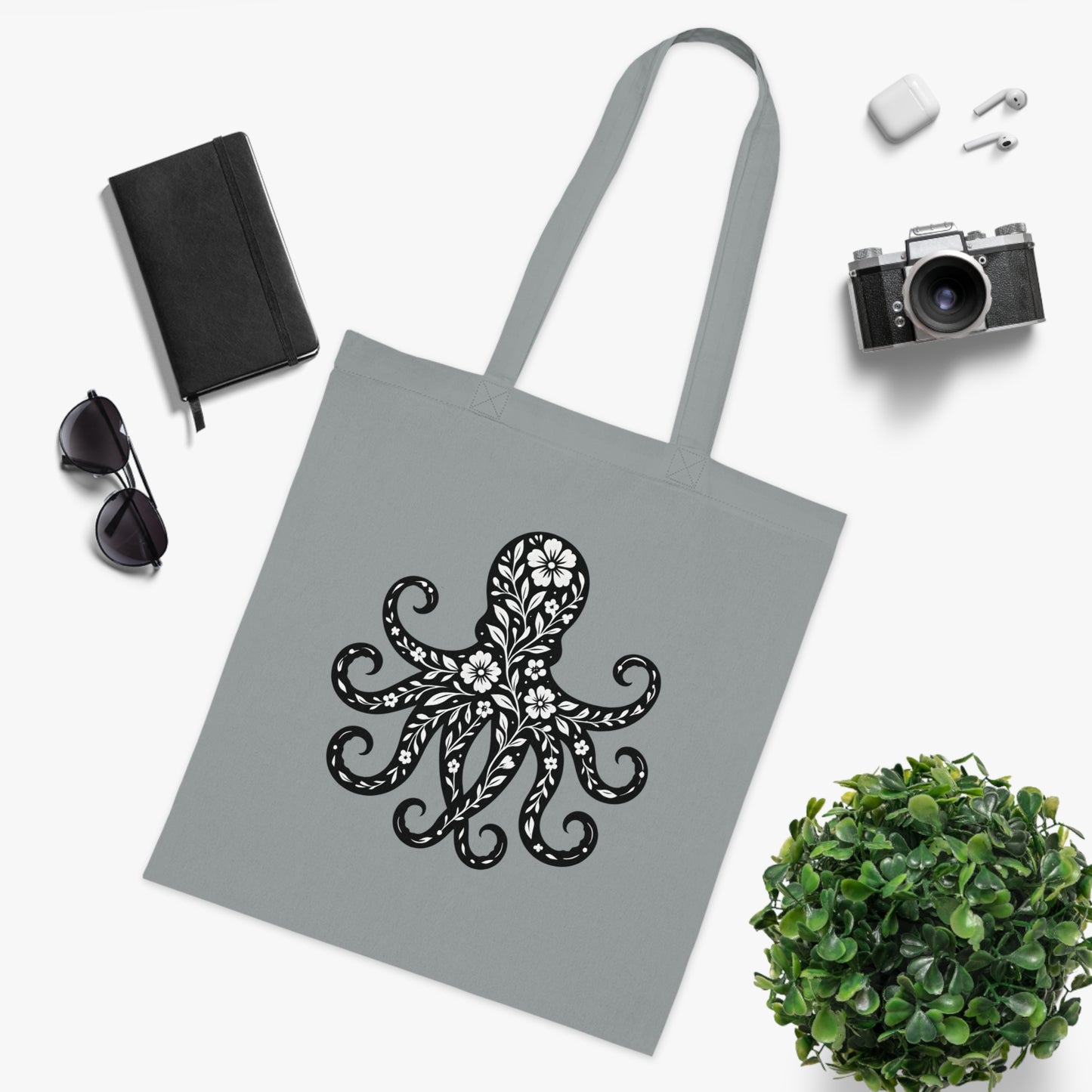 Floral Octopus Silhouette Tote Bag