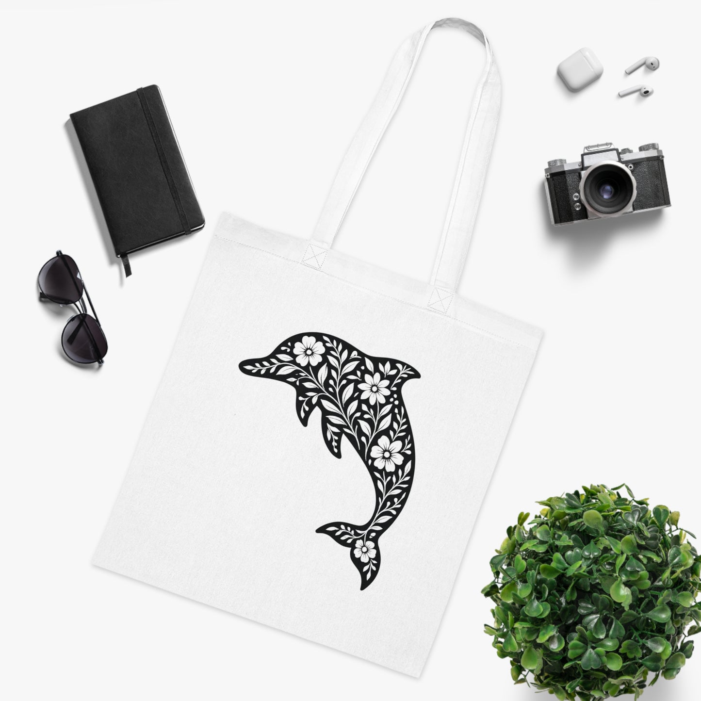 Floral Dolphin Silhouette Tote Bag