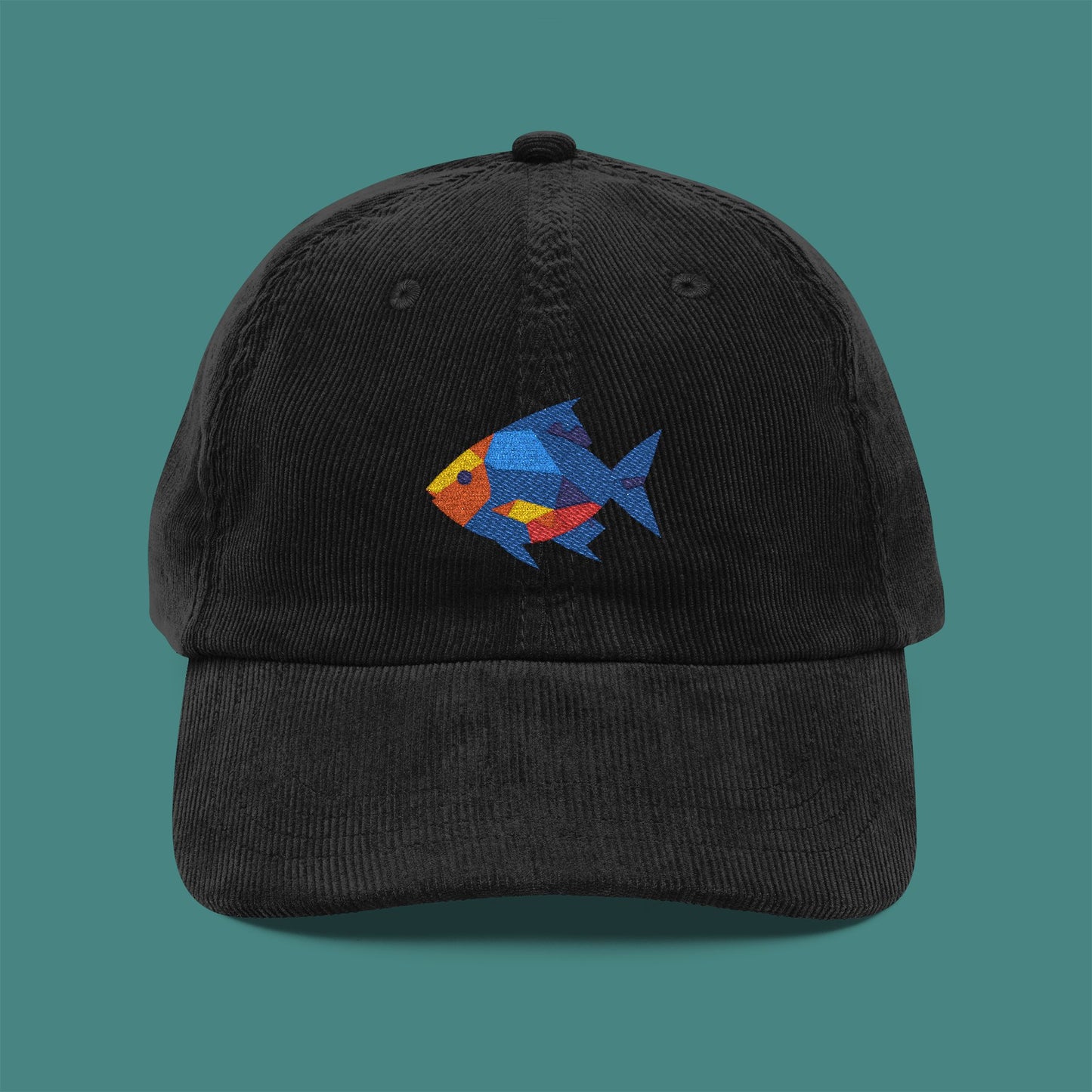 Geometric Polygon Fish Corduroy Embroidered Cap
