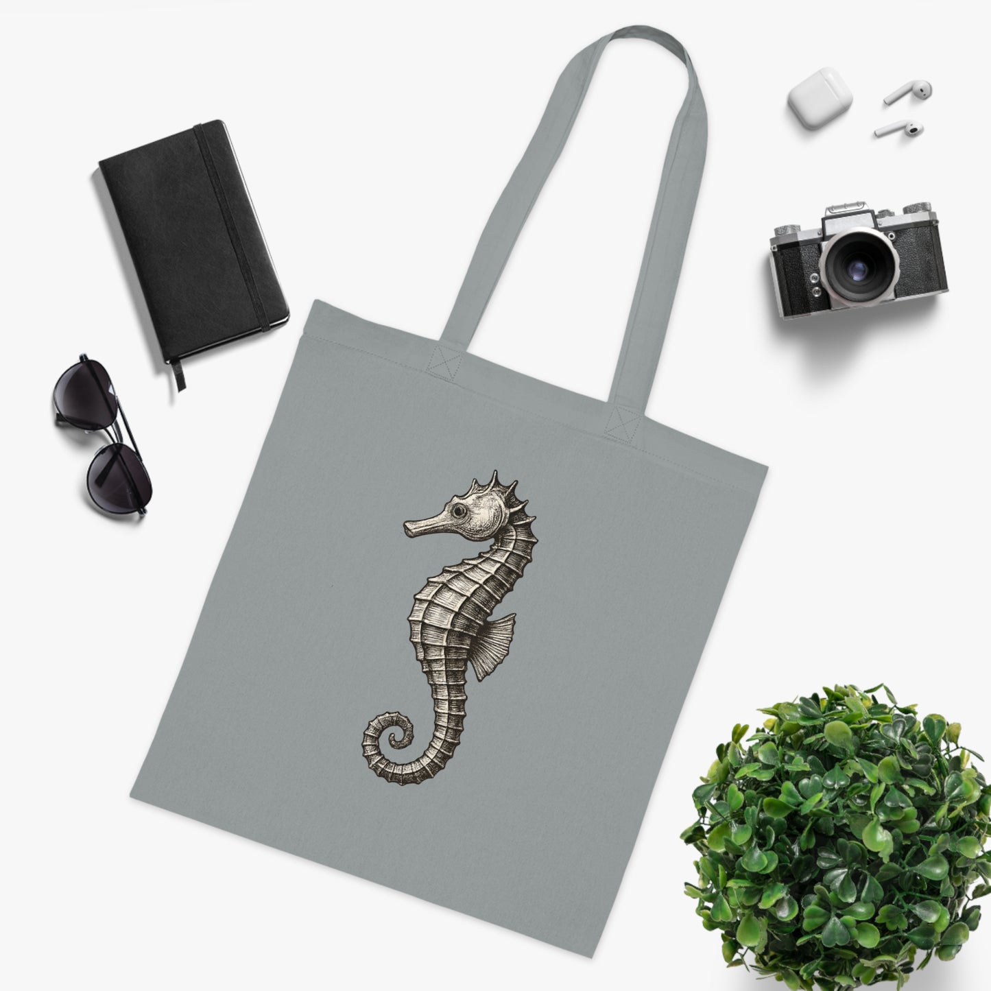 Vintage Etching Seahorse Tote Bag