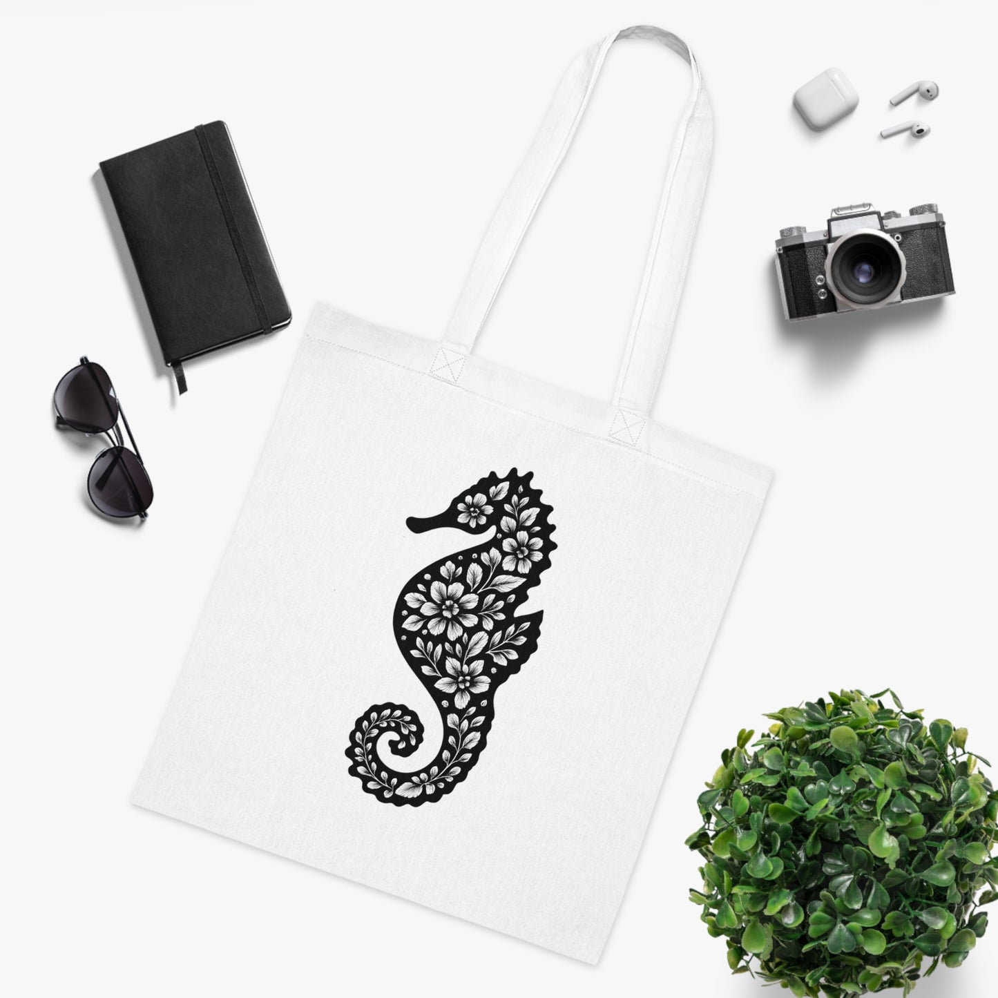 Floral Seahorse Silhouette Tote Bag