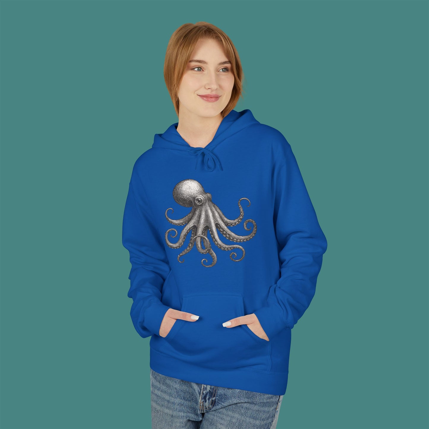 Vintage Etching Octopus Fleece Unisex Hoodie