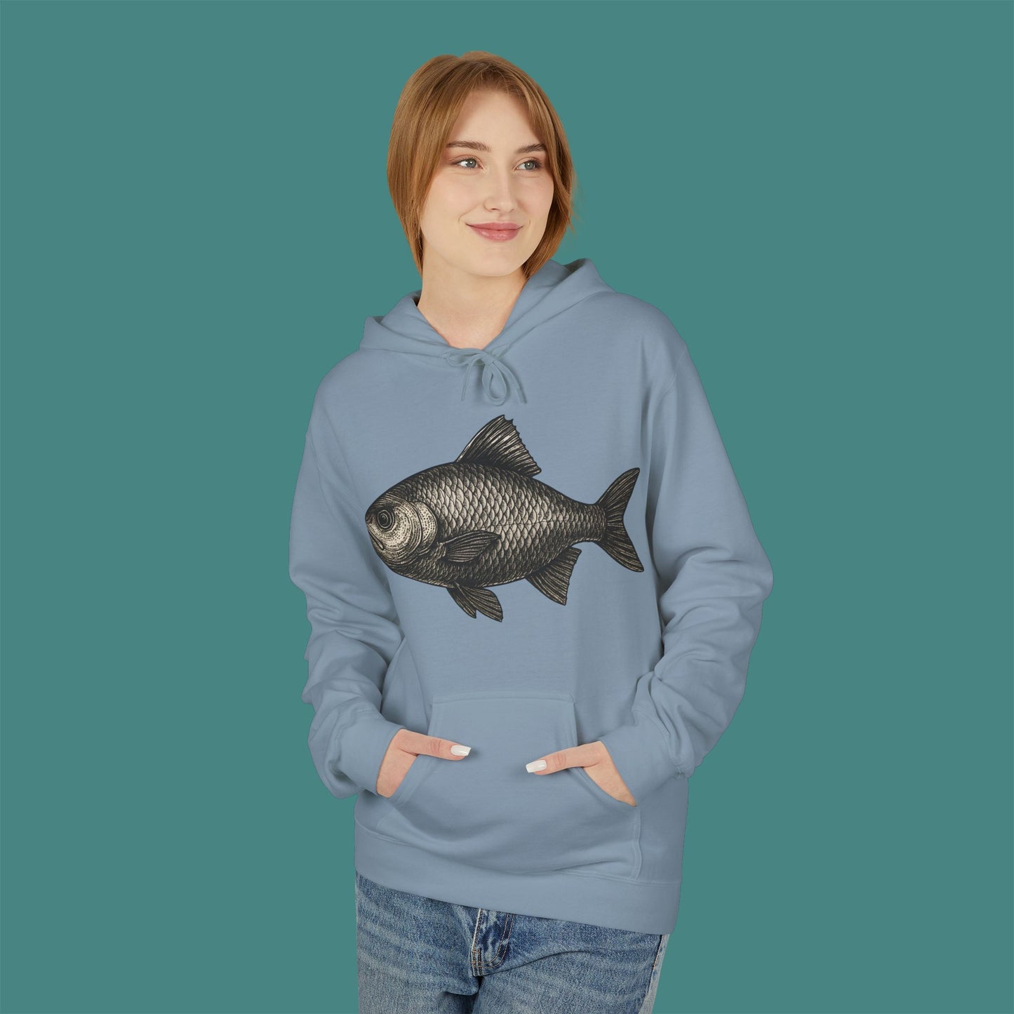 Vintage Etching Fish Fleece Unisex Hoodie