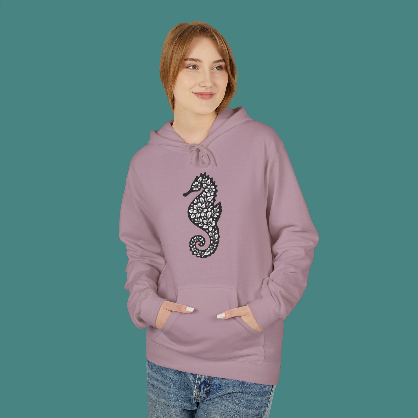 Floral Seahorse Silhouette Fleece Unisex Hoodie