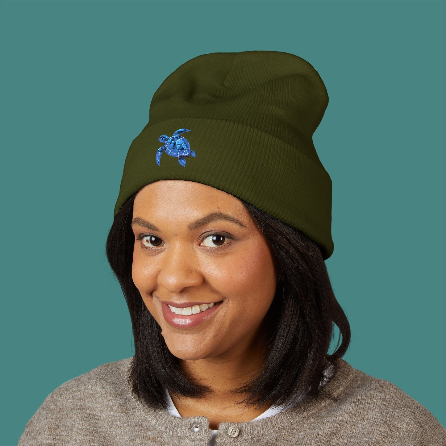 Geometric Polygon Turtle Embroidered Beanie