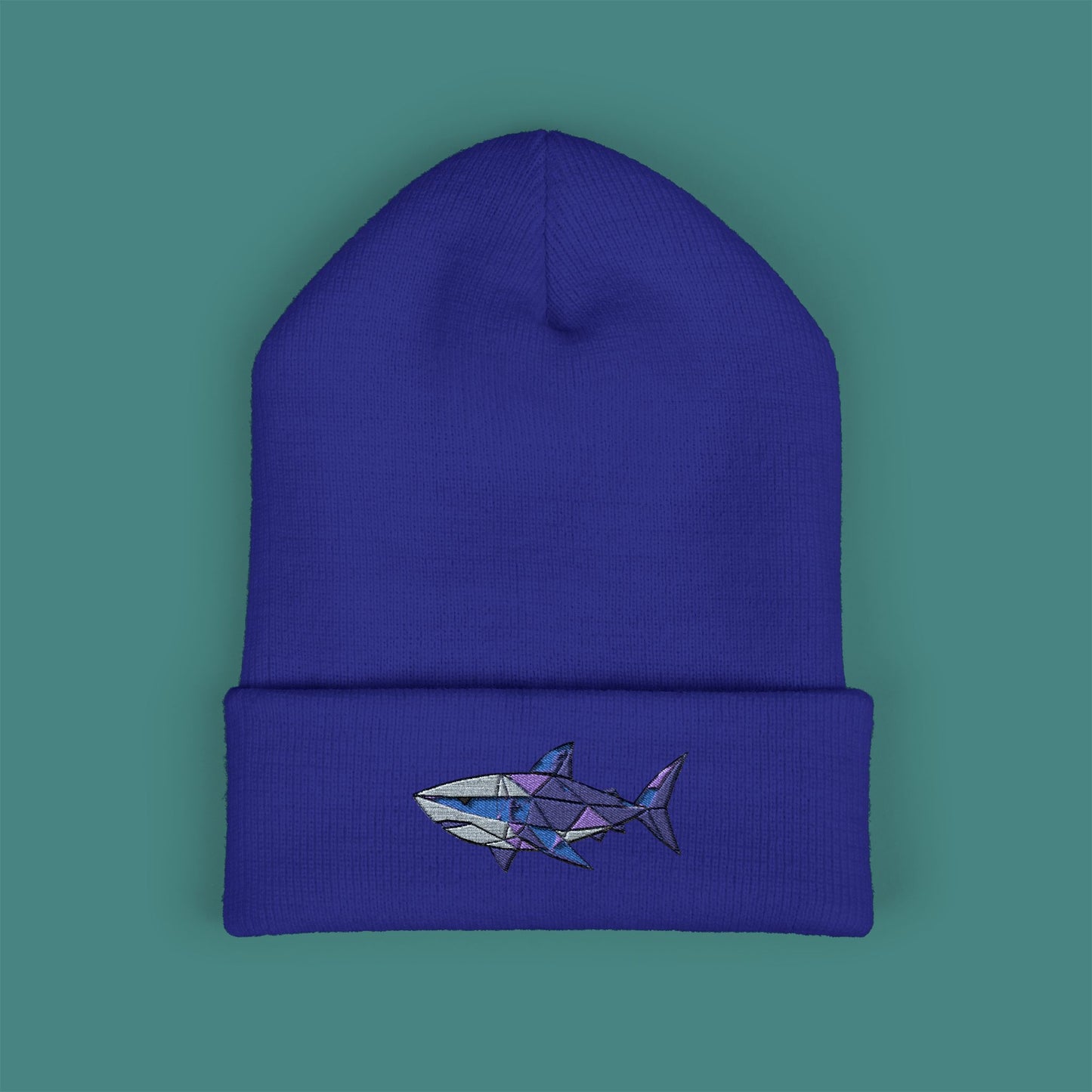 Geometric Polygon Shark Embroidered Beanie
