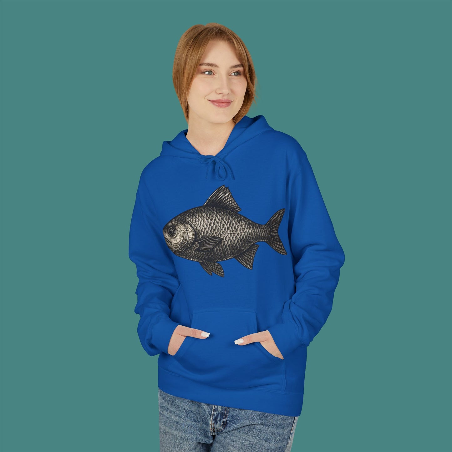 Vintage Etching Fish Fleece Unisex Hoodie