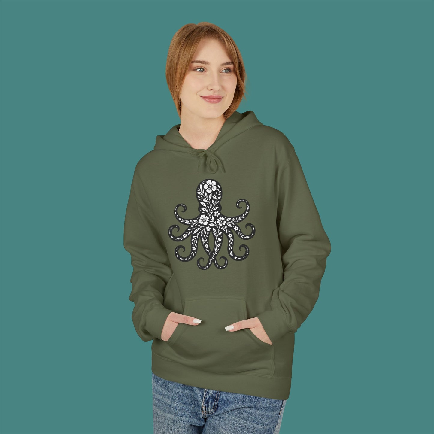 Floral Octopus Silhouette Fleece Unisex Hoodie