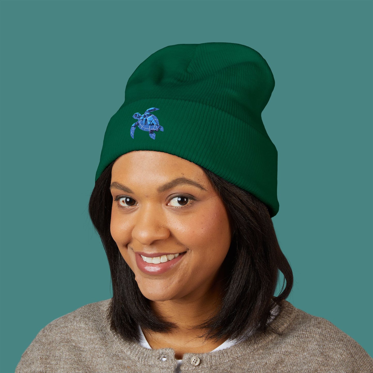 Geometric Polygon Turtle Embroidered Beanie