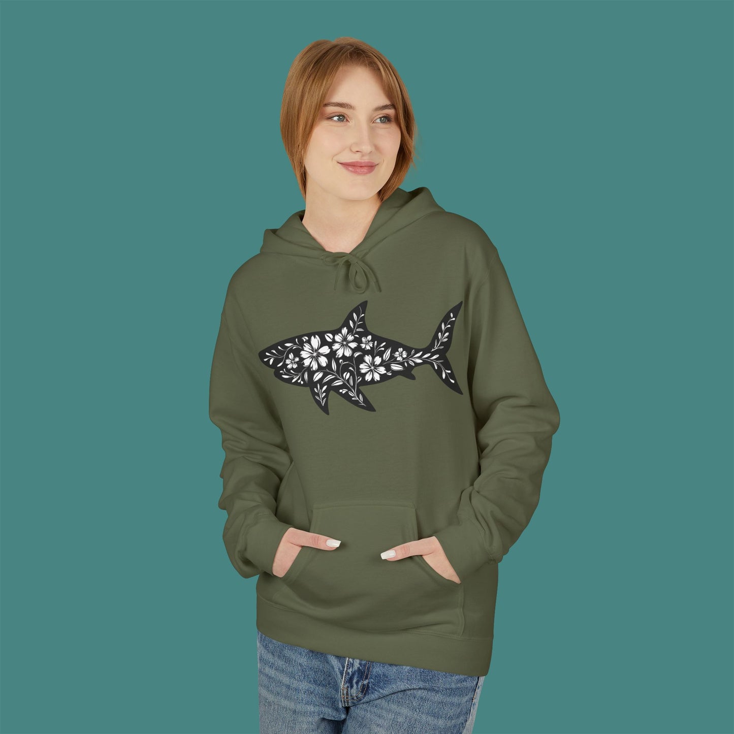Floral Shark Silhouette Fleece Unisex Hoodie