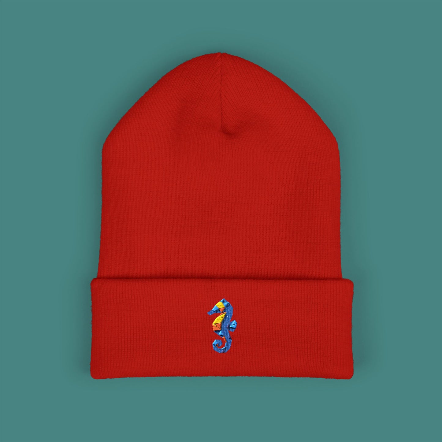 Geometric Polygon Seahorse Embroidered Beanie