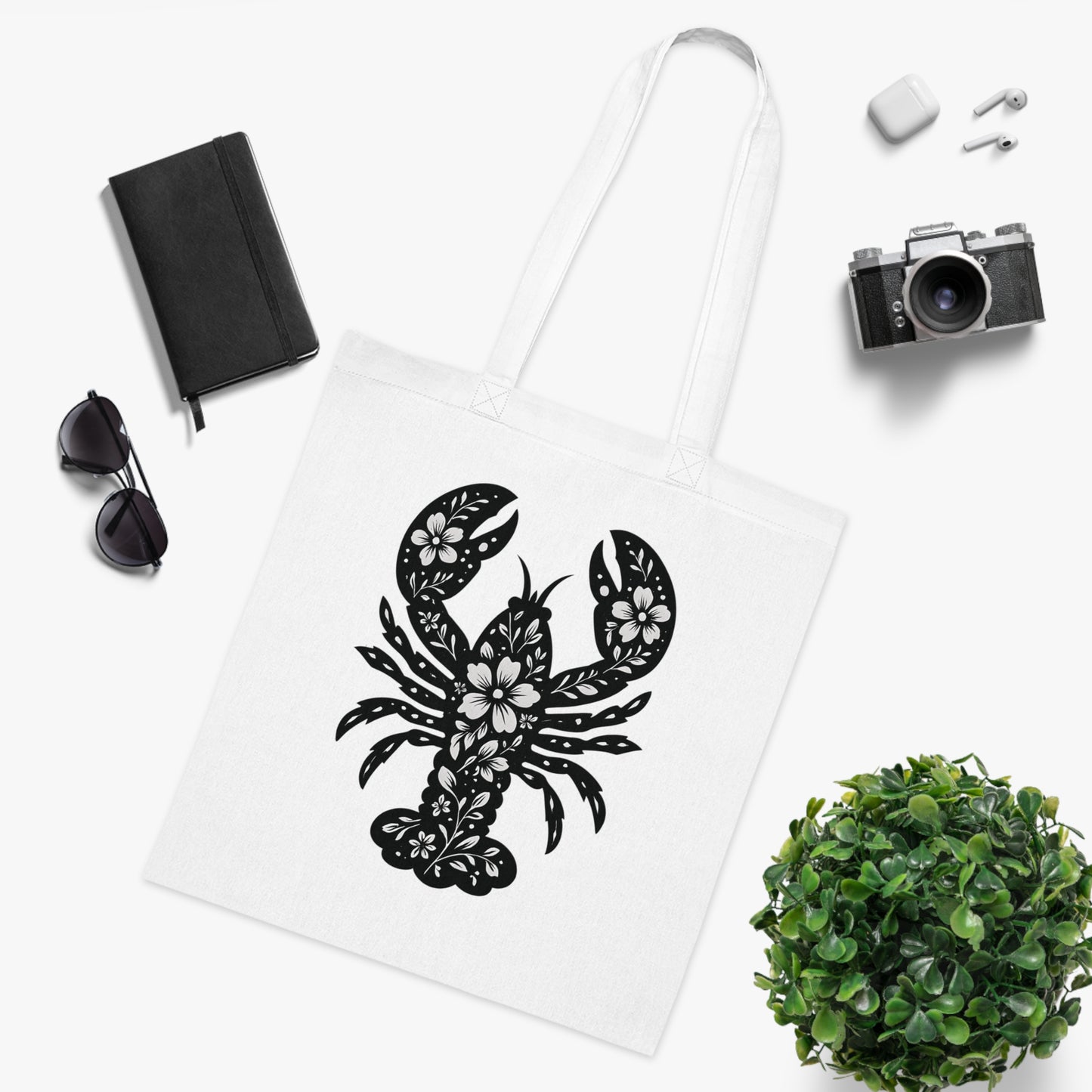 Floral Lobster Silhouette Tote Bag