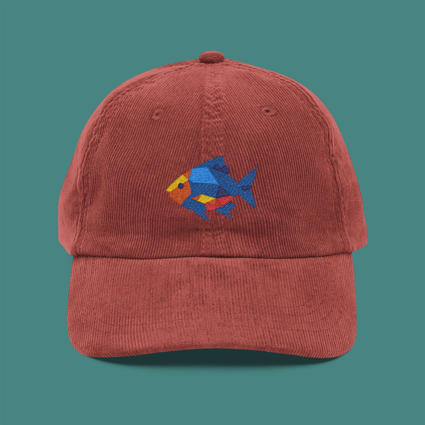 Geometric Polygon Fish Corduroy Embroidered Cap
